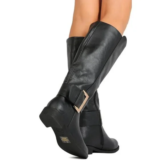 Dbdk Buckled Low Stacked Heel Vegan Leather Black Knee High Boots - Picture 3 of 3